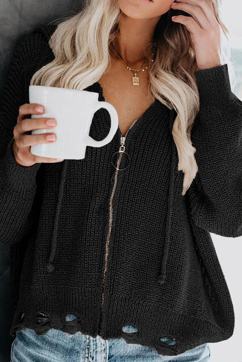 Zipper V-Neck Dropped Sleeve Hooded Solid Sweater